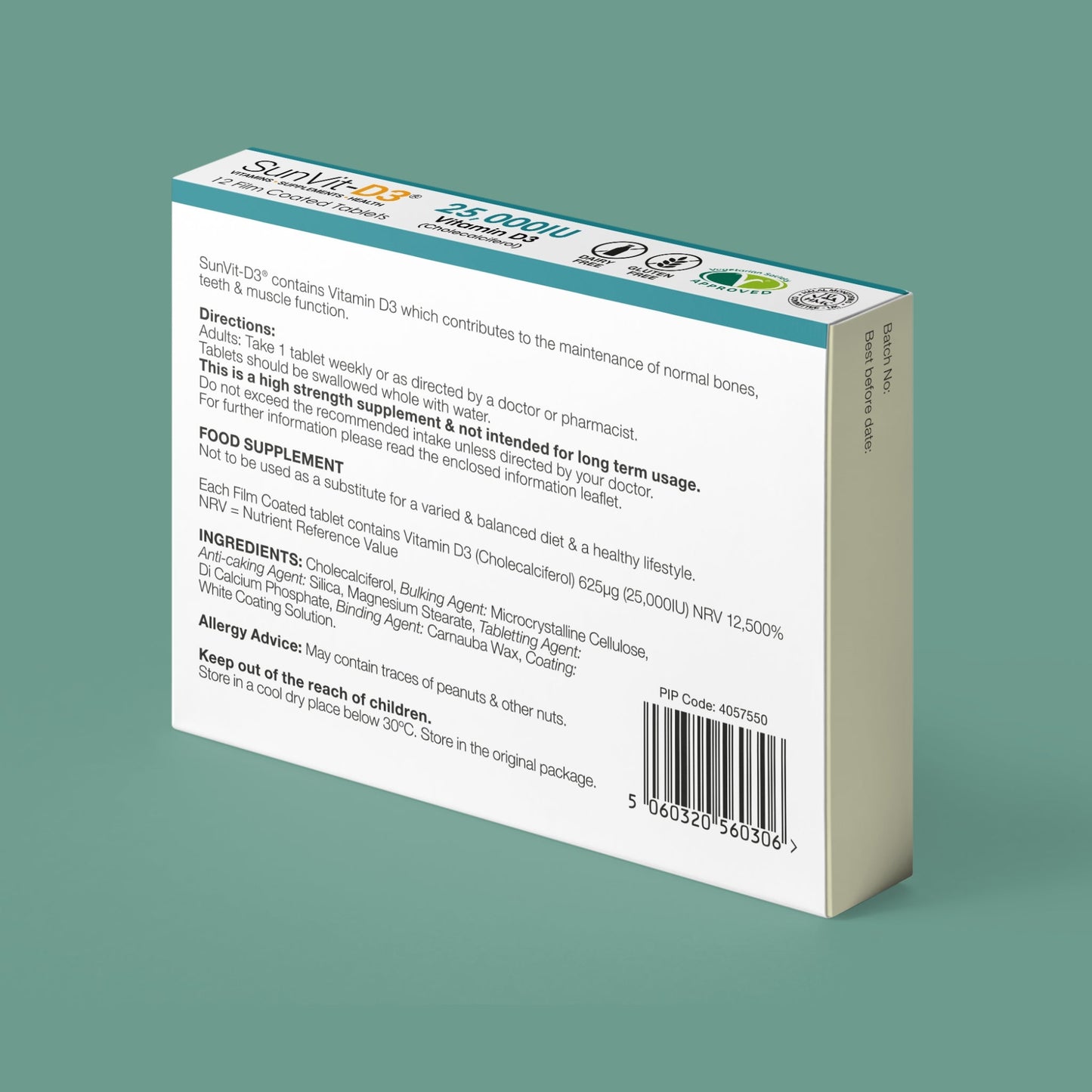 SunVit Vitamin D3 25,000IU 12 High Strength Weekly Tablets