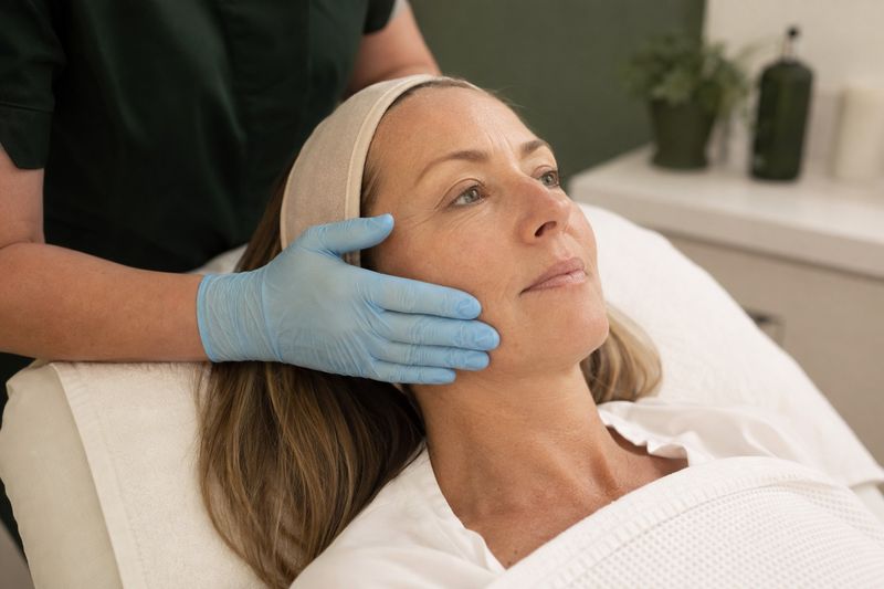 A clinician examining a woman's skin during a consultation.
