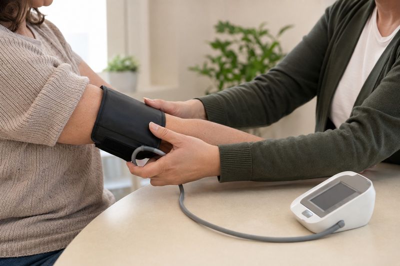 An upper-arm blood pressure cuff being fitted.