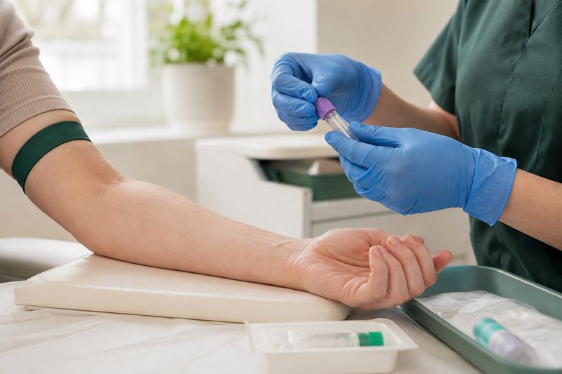 A clinician holding a capped sample tube beside a patient's arm.