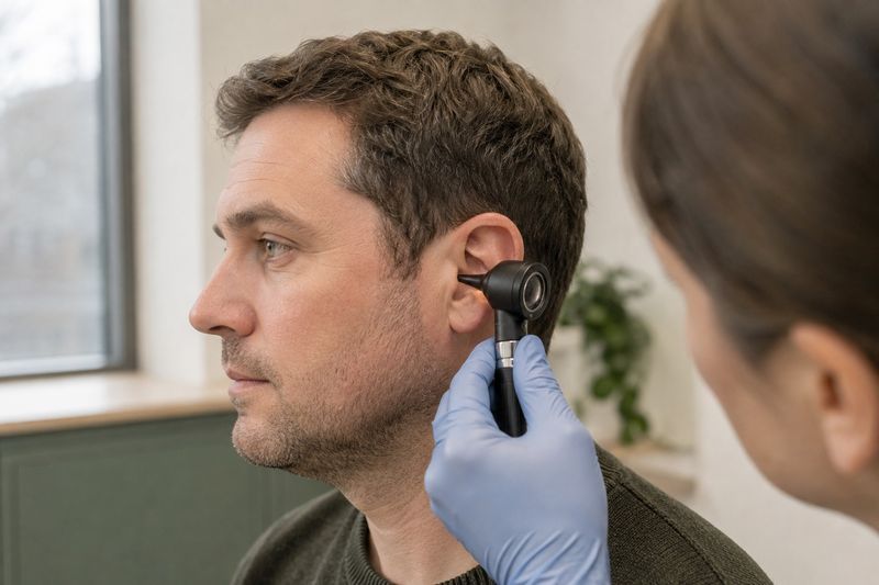 An adult having an ear examined with an otoscope.