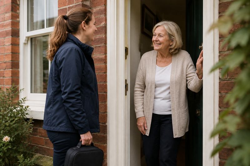 A healthcare worker with a visit bag being welcomed at a front door.