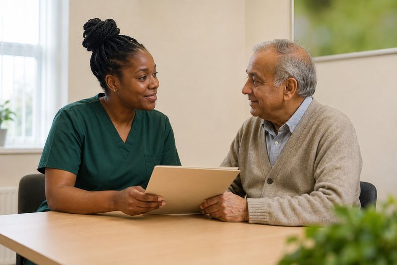 A clinician and an older man discussing a folder at a table.