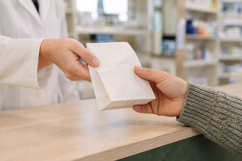 A pharmacy worker handing a plain paper bag to a customer.