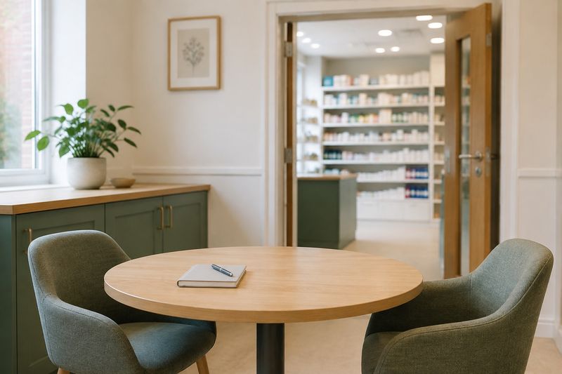A consultation room with a round table and pharmacy shelves beyond the doorway.