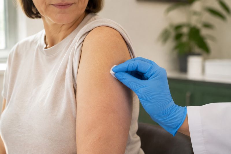A gloved hand swabbing a patient's upper arm.